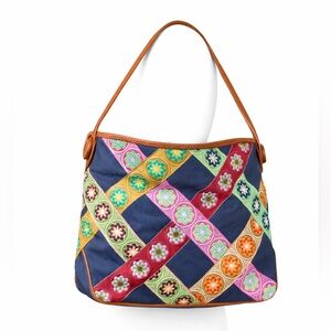 Hadley Pollet‎ Navy Floral Ribbon Leather Trim Tote Bag Boho